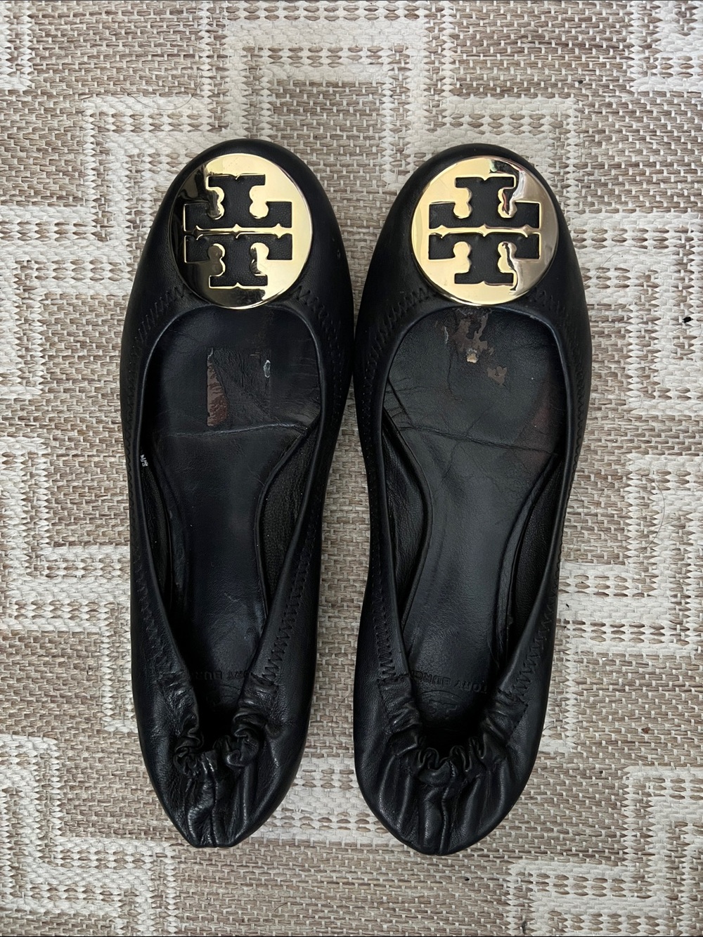 Tory Burch Black Leather Ballet Flats with Gold Logo Discs